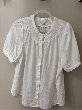 J. Crew White Short-Sleeve Smocked Button-Down Blouse